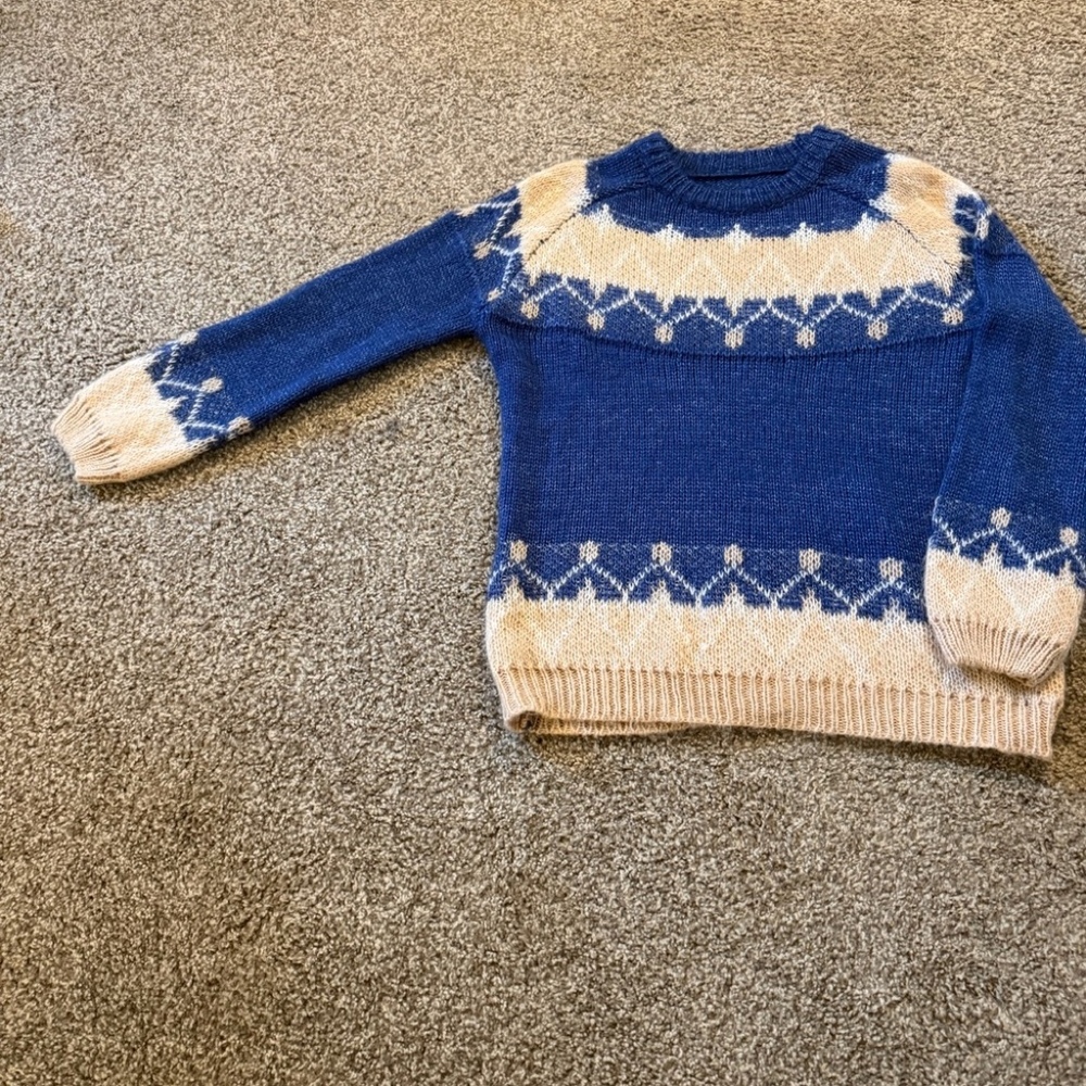 Navy Blue and Cream Fair Isle Crewneck Sweater - Picture 2 of 7
